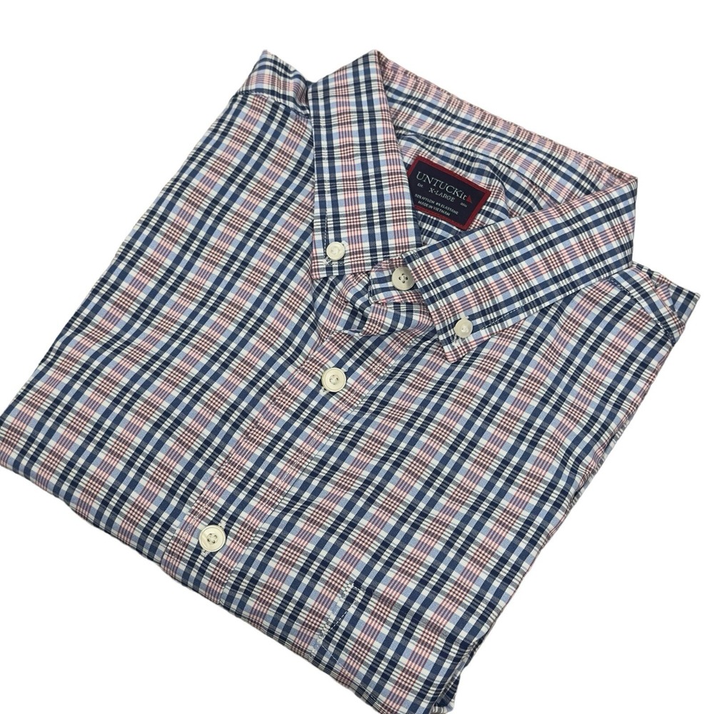 UNTUCKit Men's Size XL Button Down L/S Red & Blue Plaid Nylon Shirt Stretch euc